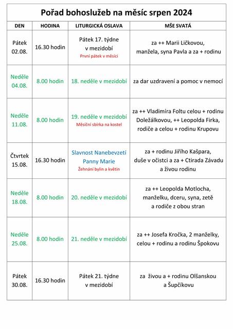 Pořad bohoslužeb na měsíc srpen 2024